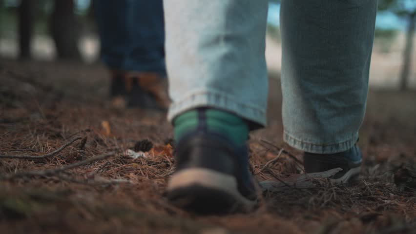 traveler feet walk along pine covered path in nature. Close up of forest adventure hiking theme. Walk along trail in your hiking boots through wilderness. feet of forest hike step along path.