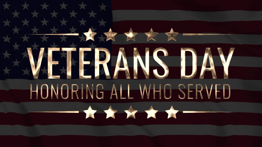 Happy Veterans Day golden text with cinematic blur animation on United States flag background. Perfect for celebrating US Veterans Day.