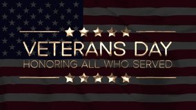 Happy Veterans Day golden text with evaporate animation on United States flag background. Perfect for celebrating US Veterans Day. - Powered by Shutterstock - Get 15% off with code: PIKWIZARD15