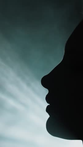 dark silhouette man touching stroking sexy woman neck skin body with rose flower. Adult girl Beauty lady in black night fog fairy tale dream, fantasy queen in glow magic light rays vertical video crop