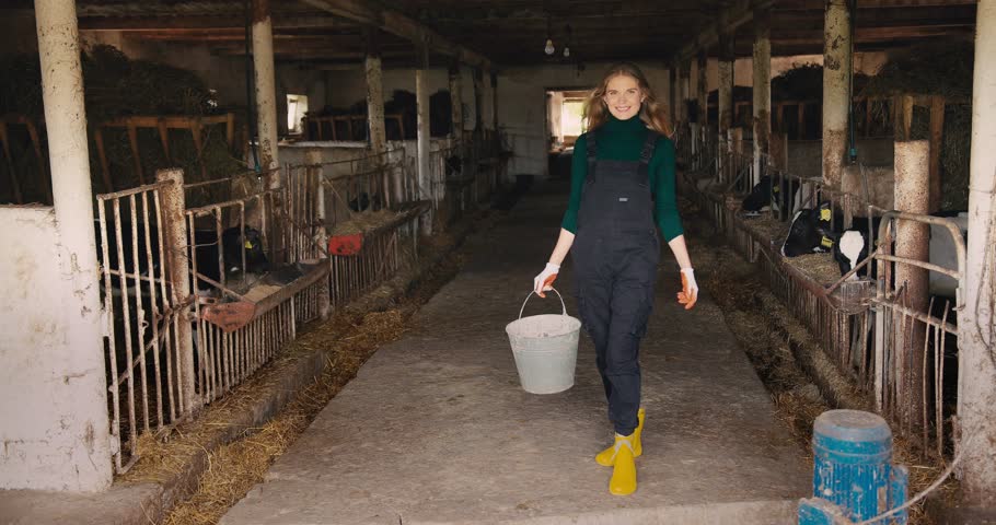 Young beautiful female farmer with a bucket in her hands on the background of a paddock with calves on a livestock farm.