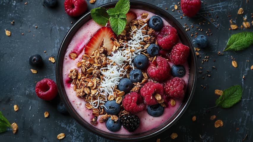 Top view of a delicious and healthy berry smoothie bowl with granola, fresh raspberries, blueberries, and mint leaves on a dark background.