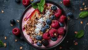 Top view of a delicious and healthy berry smoothie bowl with granola, fresh raspberries, blueberries, and mint leaves on a dark background. - Powered by Shutterstock - Get 15% off with code: PIKWIZARD15