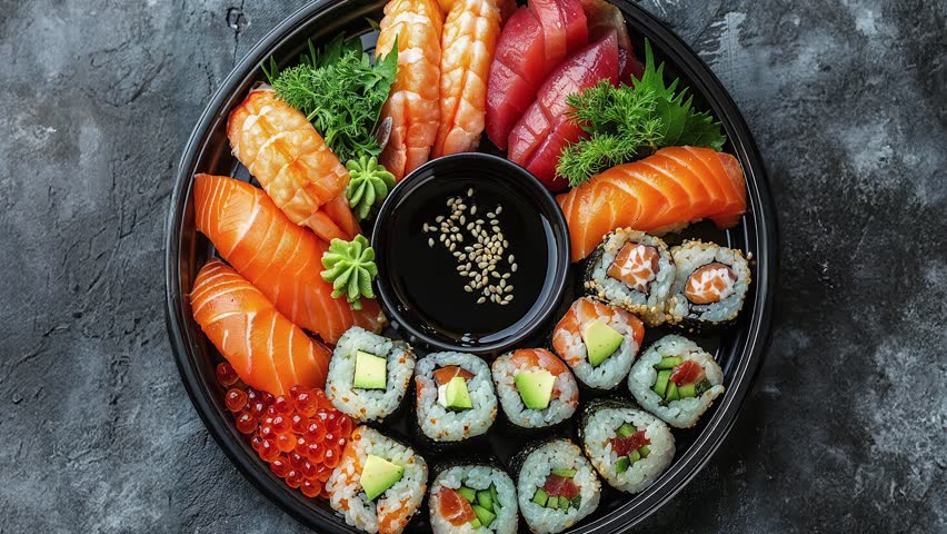 Top view of a beautifully arranged sushi platter featuring fresh sashimi, sushi rolls, and soy sauce on a dark textured background.