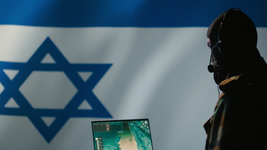 Iranian spy in intelligence agency control room uses military tech to identify threats during Arab Israeli conflict. Mossad secret agent uses software to do war covert operations, camera B