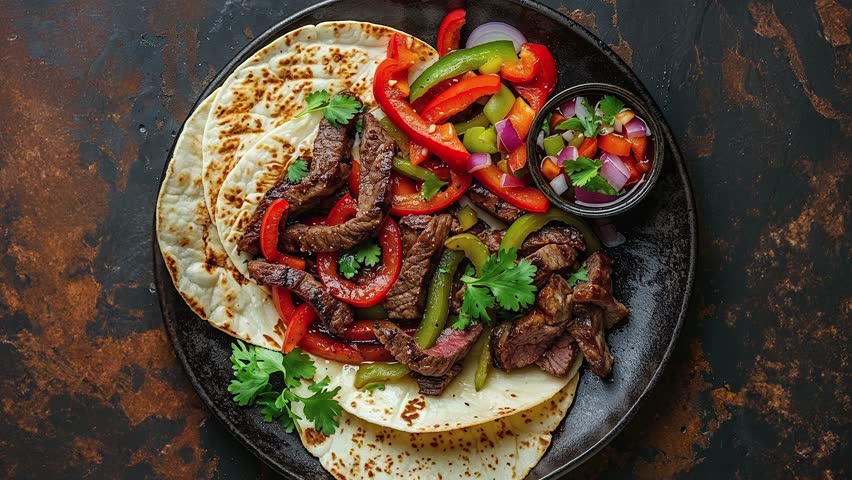 Top-down view of beef fajitas with grilled vegetables and tortillas, served on a dark rustic background. Perfect for Mexican cuisine and food photography.