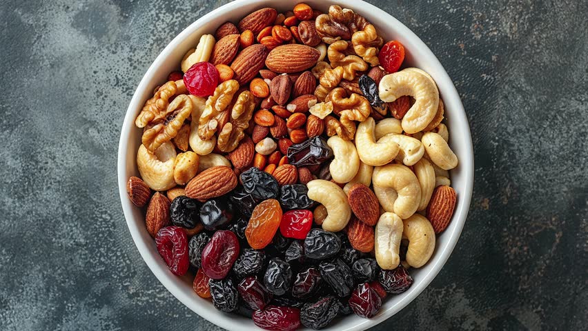 Top view of a bowl filled with a variety of mixed nuts and dried fruits on a textured dark background.