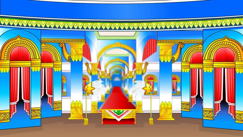 An animated scene of a vibrant Thai Likay stage with colorful backdrops. Perfect for cultural, artistic, and creative projects.