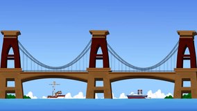 An animated cartoon scene featuring a train running on a suspension bridge. Ideal for projects needing dynamic transportation themes and whimsical illustrations. - Powered by Shutterstock - Get 15% off with code: PIKWIZARD15