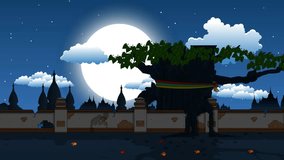 An animated spooky night scene featuring the wall of a Thai temple. Perfect for adding a touch of mystery and intrigue to your projects. Ideal for Halloween, horror themes, and eerie designs. - Powered by Shutterstock - Get 15% off with code: PIKWIZARD15