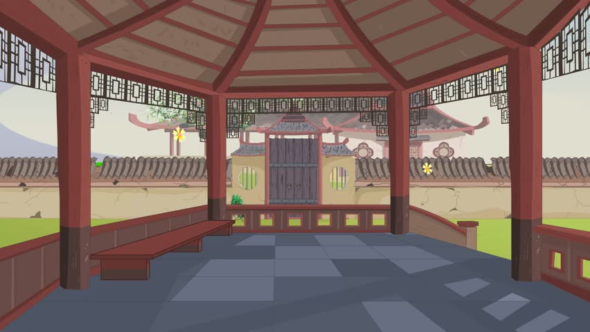A beautifully animated cartoon scene set inside a traditional Chinese-style pavilion, with delicate flowers gently falling. Perfect for adding a touch of elegance and cultural charm to your projects.