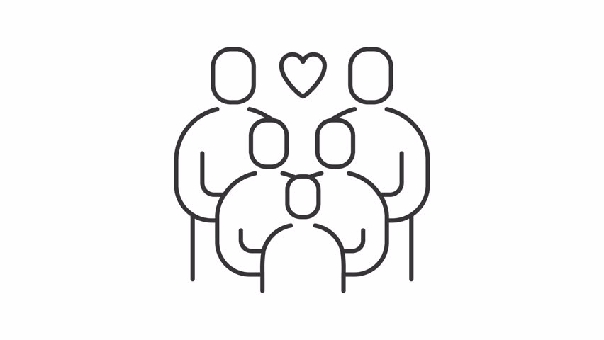 Family hug line animation. Parents love animated icon. Gathering people. Moving heads. Relationship support. Black illustration on white background. HD video with alpha channel. Motion graphic
