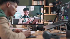 Podcast, man and editing video on computer screen for mistakes removal, quality and consistency. Home studio, male editor and laptop for content creation, visual and audio effects for platform - Powered by Shutterstock - Get 15% off with code: PIKWIZARD15