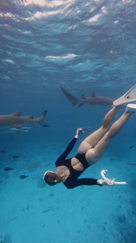Sexy woman freediver dives underwater with nurse sharks in transparent blue ocean