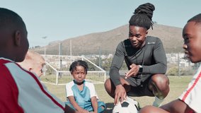 Coach, children and motivation talk for soccer, junior league and teamwork competition or training on football field. People, team and coaching for outside exercise, match strategy and kids together - Powered by Shutterstock - Get 15% off with code: PIKWIZARD15