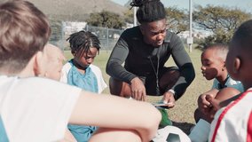 Coach, children and huddle with clipboard for soccer, formation or game plan with diversity on field. Man, football and kids in scrum with checklist for strategy, advice or mentorship for competition - Powered by Shutterstock - Get 15% off with code: PIKWIZARD15