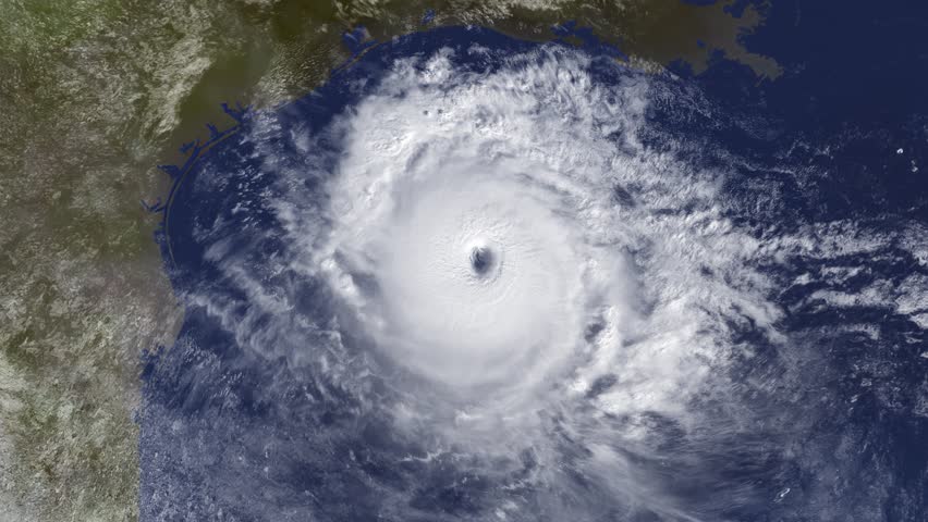 A fictional satellite view of a large hurricane near America