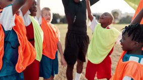 Football, hands and coach with children for success, celebration and team spirit for sport competition. Soccer field, applause and trainer with players for win, achievement and confidence boost - Powered by Shutterstock - Get 15% off with code: PIKWIZARD15