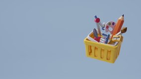 3D footage of school equipment supply in the basket cart, online shopping and back to school concept. - Powered by Shutterstock - Get 15% off with code: PIKWIZARD15