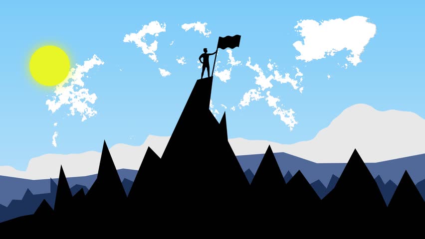 Silhouette of man stand on the top mountain and holding waving flag in hands up of staff flag successful or victory working concept.