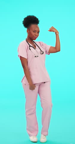 Face, nurse and flexing muscle with healthcare, happiness and trust with empowerment, mockup space and leadership. Portrait, black woman and medical professional showing bicep, strong and challenge