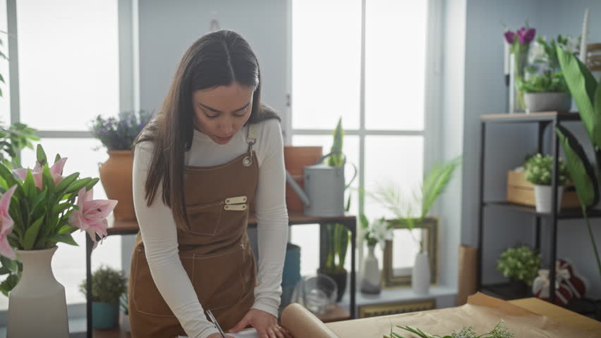 A smiling woman florist in a brown apron gives plants to a customer in an indoor flower shop with various plants in the background.