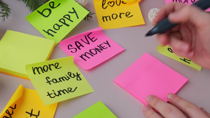 Unrecognizable woman writing new year's resolutions on colorful sticky notes. Making promises for new year, setting goals. Creating vision board