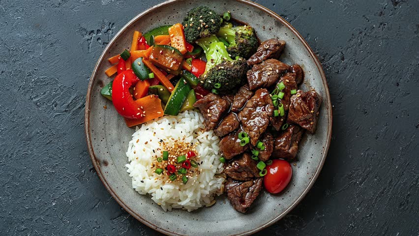 Appetizing dish of healthy Asian cuisine, featuring a serving of rice, vegetables, and tender beef on a plate. Perfect for diet and nutrition concepts.