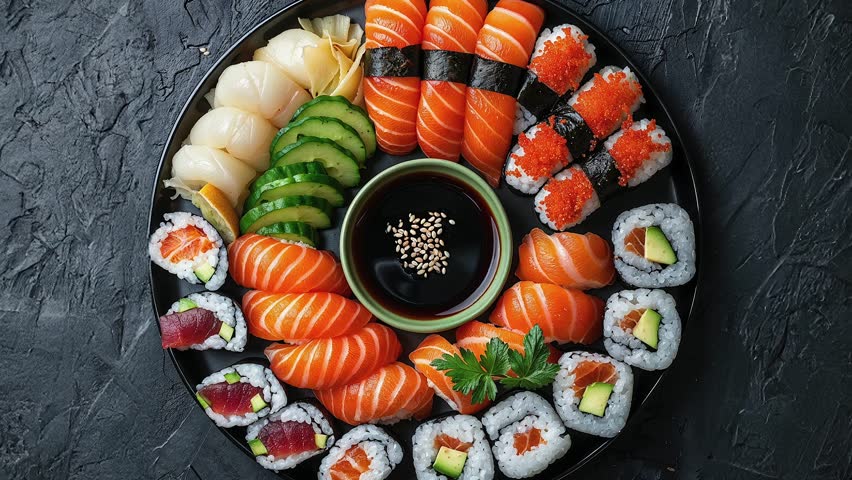 Top view of an assorted sushi platter with various nigiri, maki, and sashimi pieces, served with soy sauce.