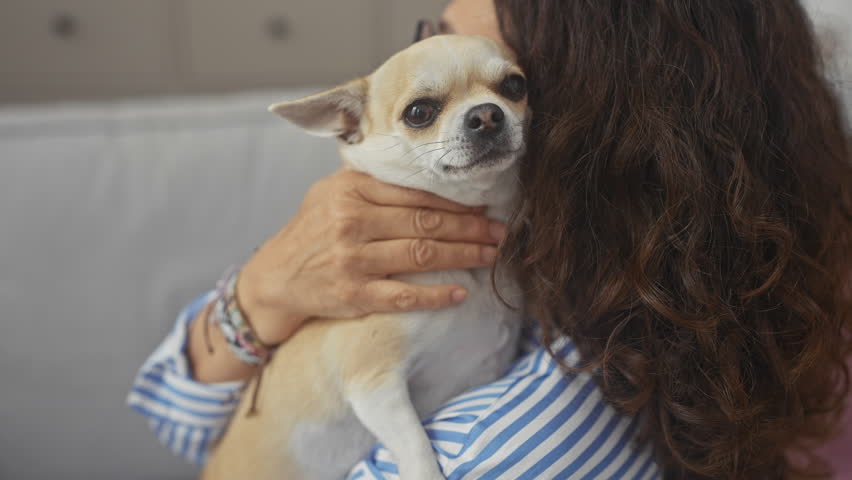 A middle-aged woman indoors cuddling her pet chihuahua in a cozy living room
