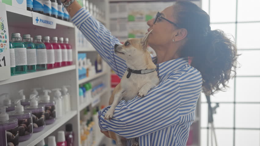 A middle-aged woman holds a chihuahua while shopping for medicine at a pharmacy.