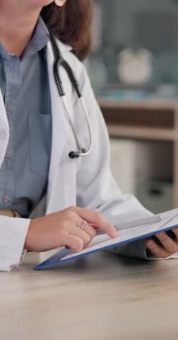 Doctor, checklist and medical paperwork in hospital for healthcare, research and patient health survey. Woman, documents and administration in clinic for life insurance, information and compliance