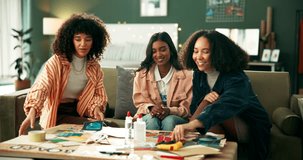 Girl, friends and discussion for creative project with mission board, swatches and supplies for decoration of dorm room. Students, planning and conversation with color choice for diy and remodeling. - Powered by Shutterstock - Get 15% off with code: PIKWIZARD15