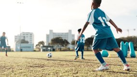 Group, football and kids with competition, fitness or challenge with wellness, energy or training. Coach, referee or children with soccer game, workout or exercise with cardio, practice or lens flare - Powered by Shutterstock - Get 15% off with code: PIKWIZARD15