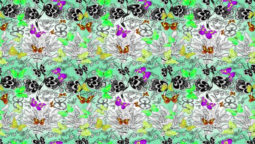 Motion footage background with colorful elements. Hand Drawn silhouette butterflies with watercolor texture. Illustration in pleasant colors. Seamless. Loop.