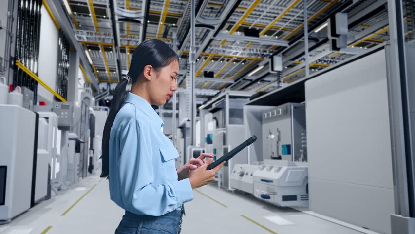 Side View Of An Asian Female Professional Worker Standing With Her Tablet at Factory Digitalization for Innovative Project, Checking With Dissapionted And Nodding Her Shead