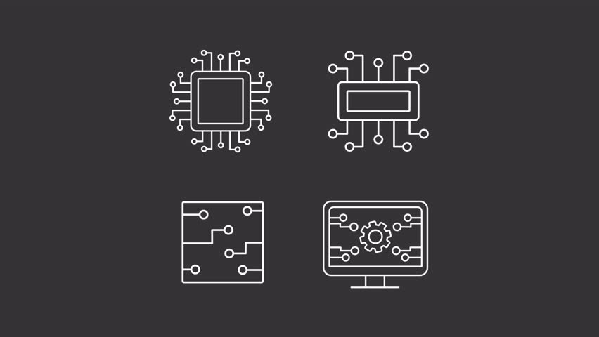 Computing power animation library. Microcircuit capacitors animated white line icons. Moving signals, rolling gear. Isolated illustrations on dark background. Transition alpha. HD video. Icon pack