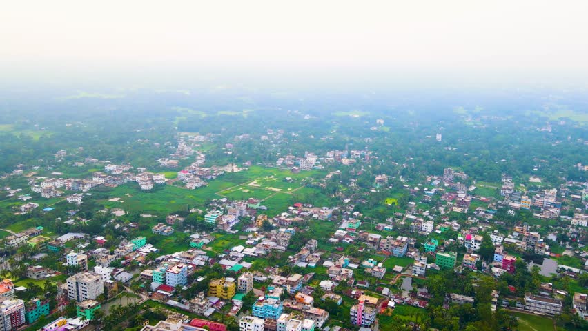 Panoramic Aerial View Of A Rural City During Urbanization Near Dhaka, Bangladesh. 