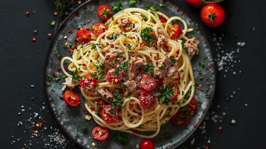 A beautifully plated dish of spaghetti pasta garnished with fresh cherry tomatoes, herbs, and spices. Perfect for gourmet food enthusiasts and culinary presentations.