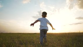 Happy child playing outside. Boy imagines being airplane on meadow. Carefree childhood child running freely. Scenic sunset joyful play concept. Happy Child enjoys nature playing airplane in meadow. - Powered by Shutterstock - Get 15% off with code: PIKWIZARD15