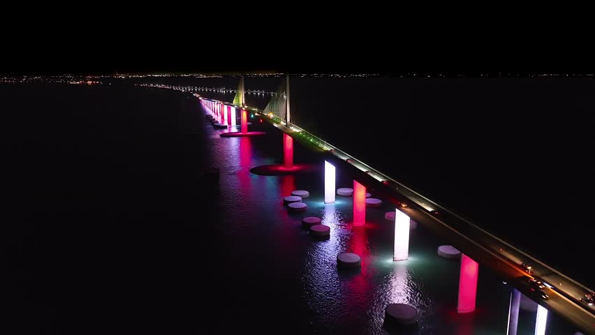 Nighttime drone footage of the Sunshine Skyway suspension bridge in Hillsborough County Florida. (4k, 60fps)