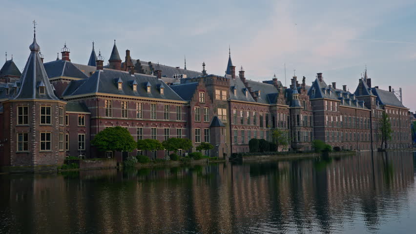 Parliament buildings in the Hague, Netherlands. Binnenhof castle, Dutch Parliament in downtown Hague at sunset