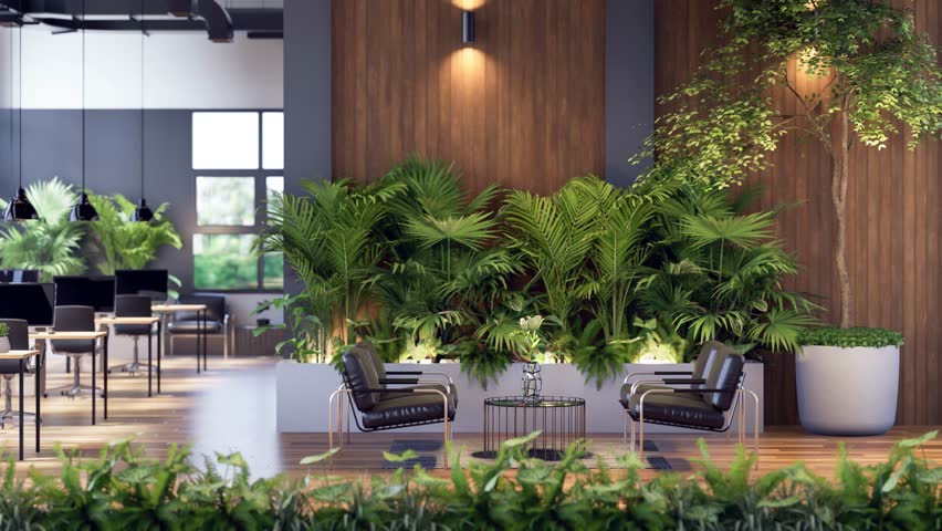 Animation of modern industrial loft style office interior decorated with green nature 3d render, There are wooden floor and plank wall, large window overlooking nature view