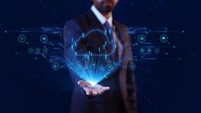 Businessman virtual display HUd Hologram Cloud computing for data storage transfer safety 5G connectivity digital big data security information Cloud storage, network technology. 3D Illustration - Powered by Shutterstock - Get 15% off with code: PIKWIZARD15
