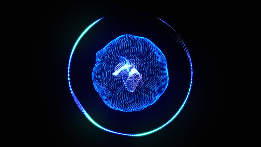Blue glowing particle 3d sphere seamlessly moving and rotating on black. Abstract 3d energy orb wave motion. Technology, science, artificial intelligence background. Virtual assistant concept. 4k loop