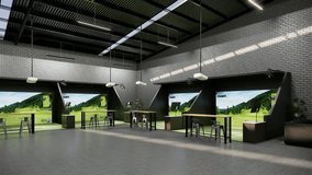 modern indoor golf simulator with a hitting station and seating area - Powered by Shutterstock - Get 15% off with code: PIKWIZARD15
