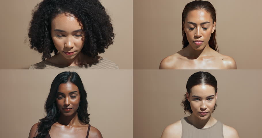 Beauty, collage and women faces with smile, wellness and eco friendly makeup with facial. Portrait, studio and diversity of montage and split screen of dermatology, treatment and natural cosmetics