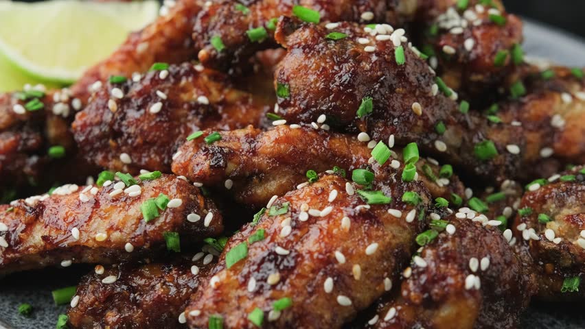 Spicy korean chicken wings with sesame seeds and chives. Rotating video.