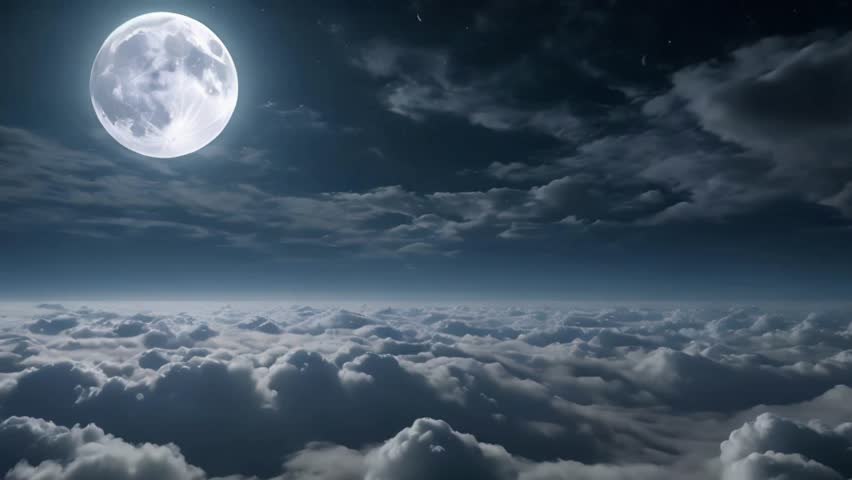 Beautiful Moon in the skies flying over the infinite clouds with the night moon shining seamless looped 3d animation with moonlight Over the horizon full hd 4k ultra video download