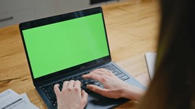 Hands typing email on chroma key laptop at modern workplace closeup. Unrecognizable woman working online on green screen computer at corporate office. Businesswoman making internet research in home. - Powered by Shutterstock - Get 15% off with code: PIKWIZARD15